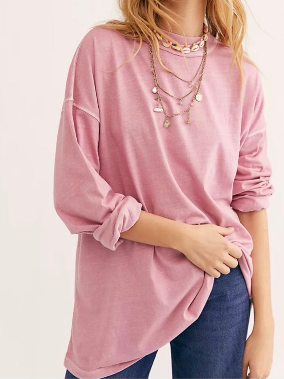 FP We the Free Be Free Light Pink Long Sleeve Tunic Top Large
